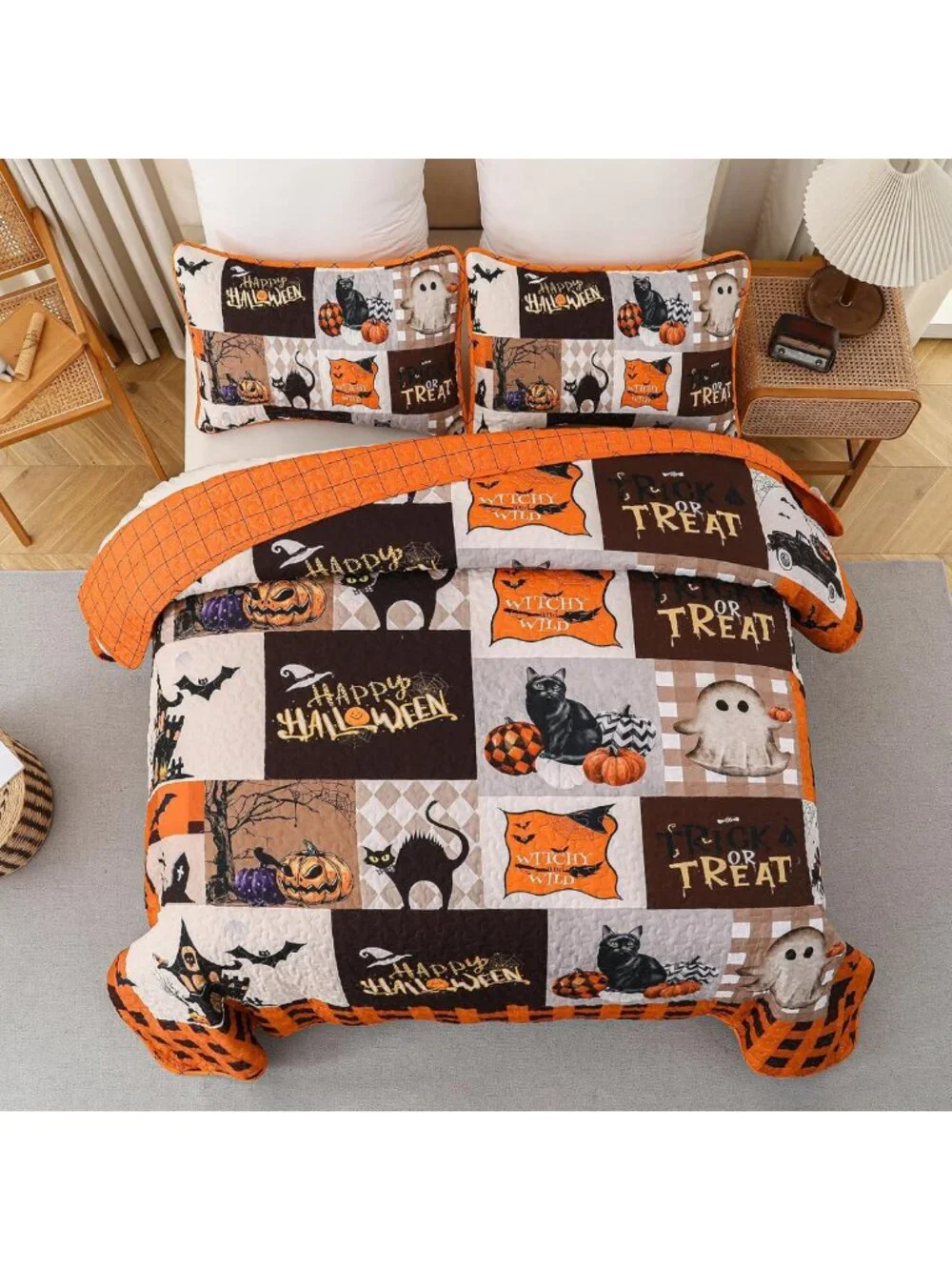 King Size Halloween Quilt Set - Fall Patchwork Bedspread 3-Piece Bedding Set